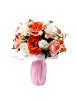 Floral Toast: 15 Roses with Chamomile, Mini Roses, and Eucalyptus in a Prosecco Bottle